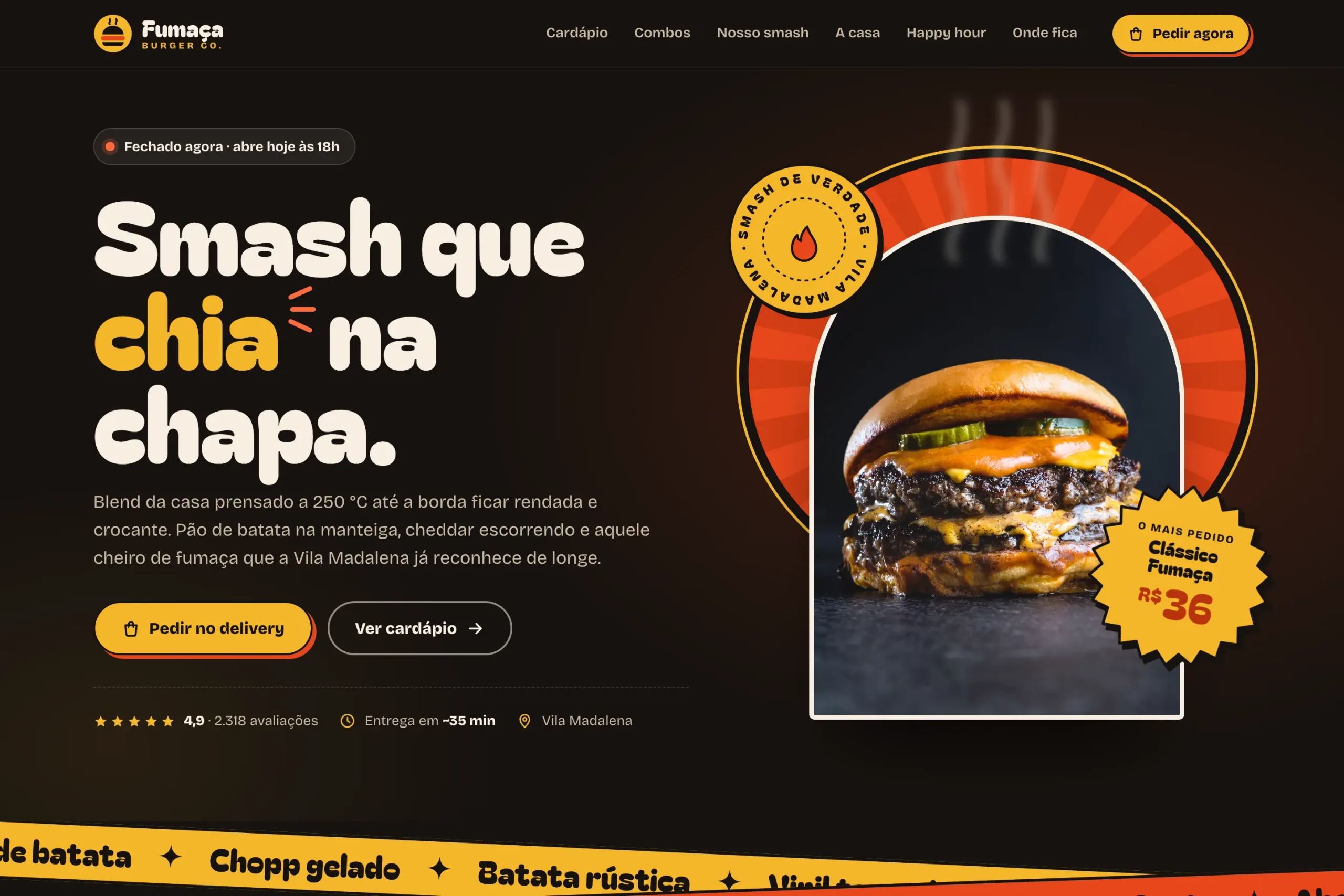 Fumaça Burger Co. hero with a big headline, order buttons and a double smash with cheddar
