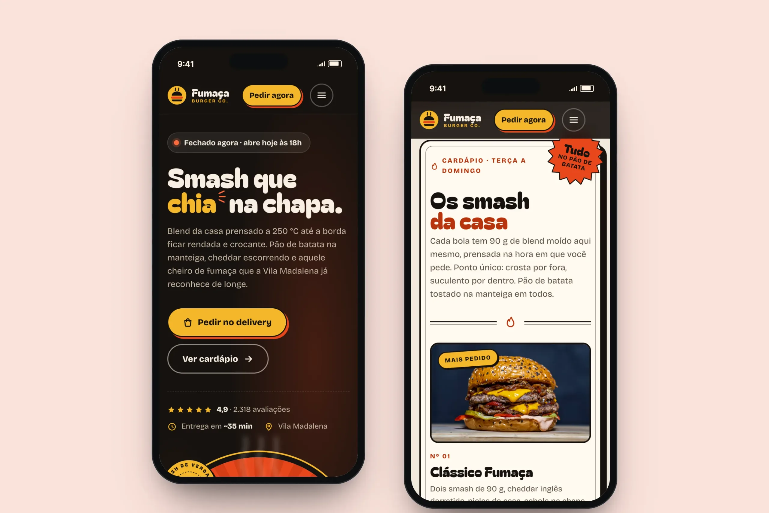 Two phone screens showing the Fumaça Burger Co. landing page