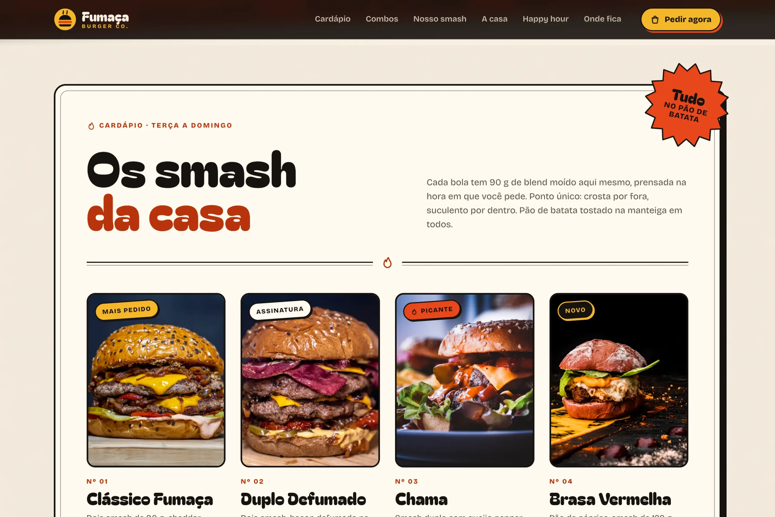 Cream menu sheet with four photographed burgers and sticker tags