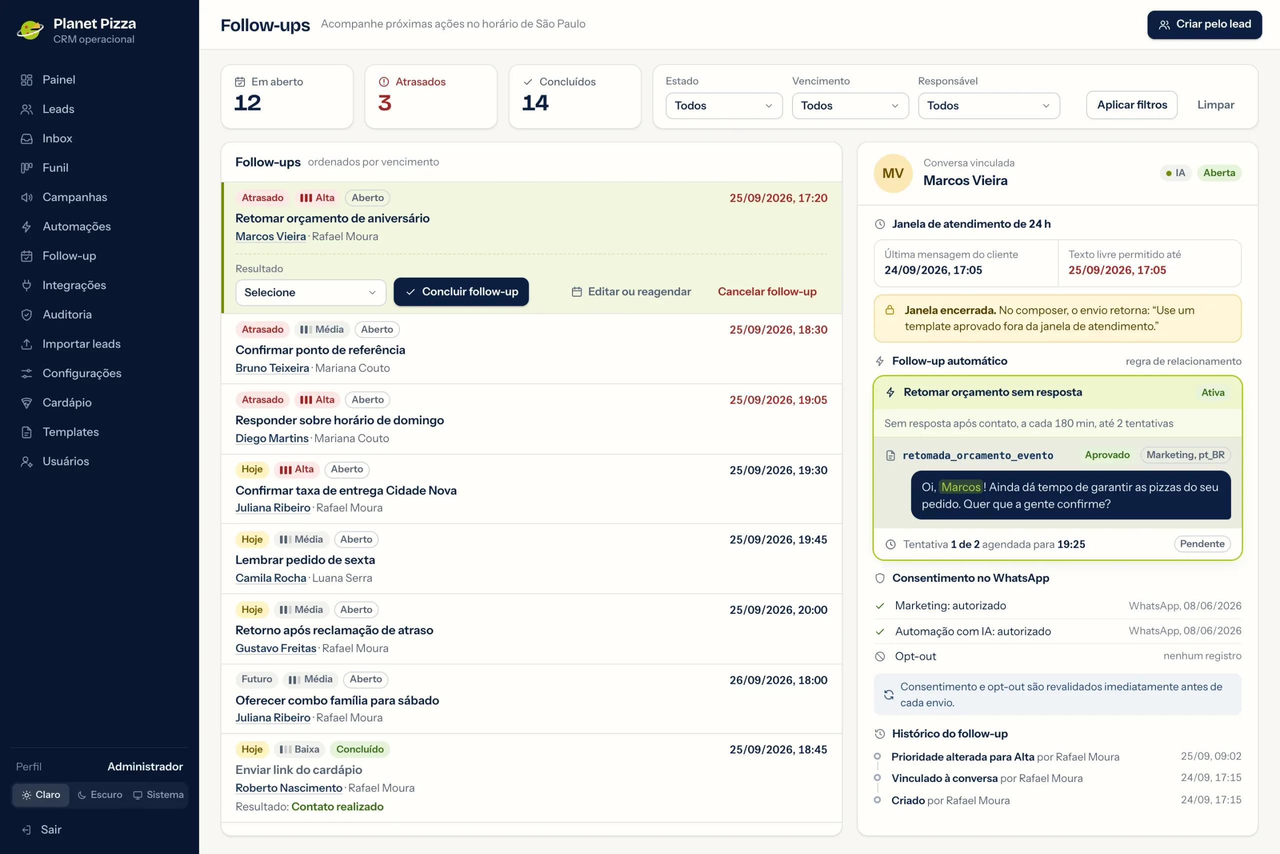 Follow-up list with manual priority and a panel for the 24 h window and consent