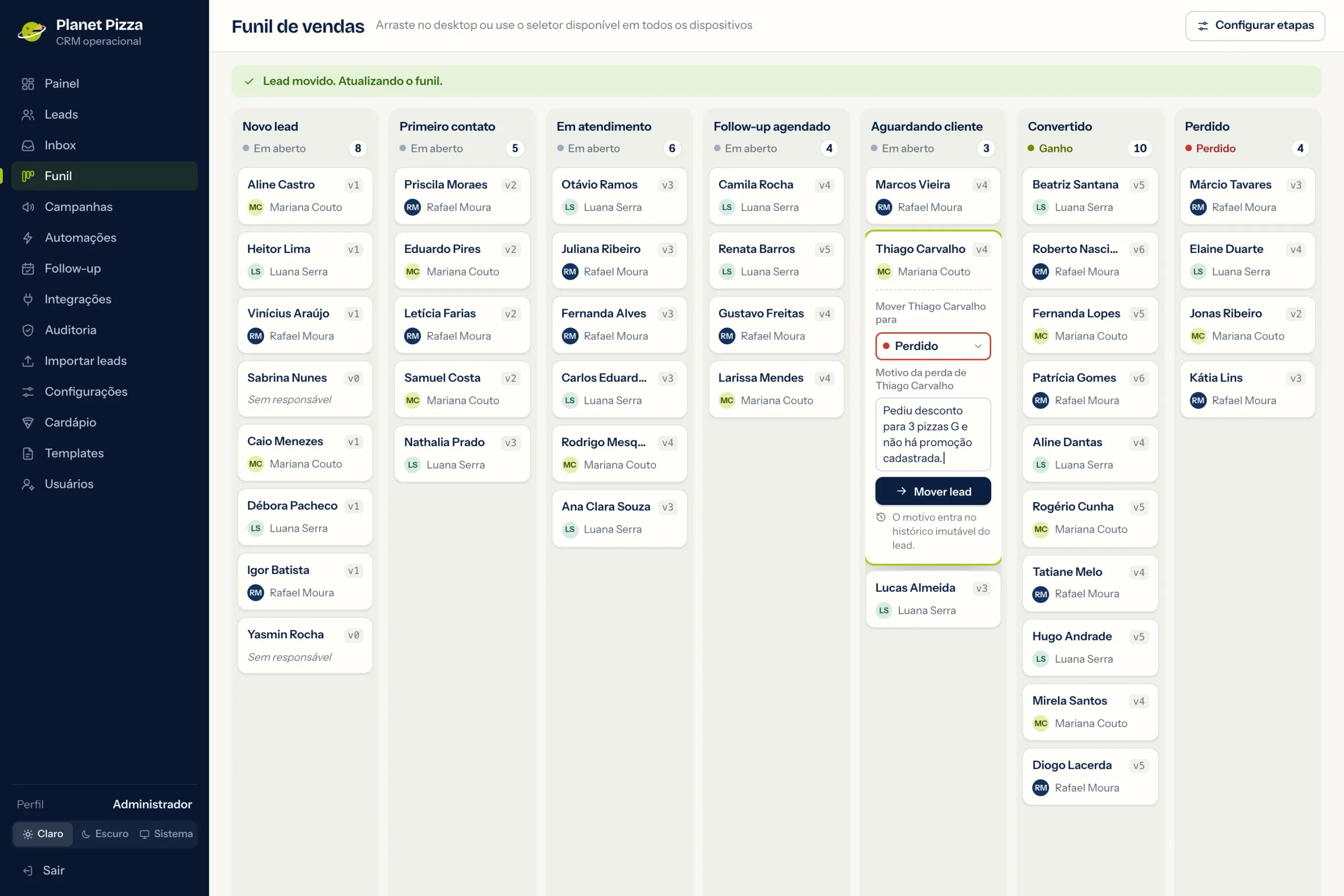 Kanban pipeline with seven stages and a lead being moved to Lost with a reason
