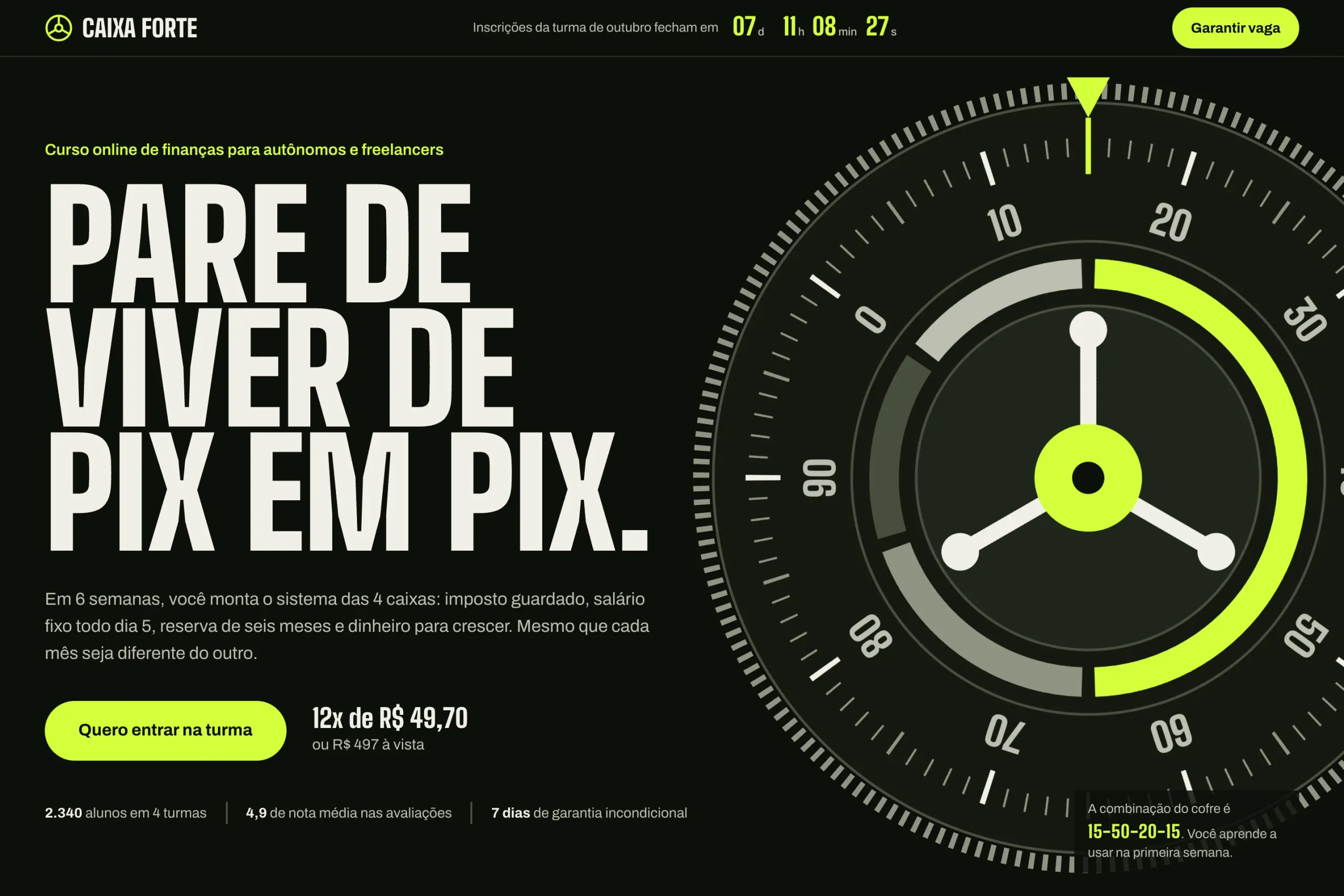 Caixa Forte hero with a condensed headline, chartreuse button and vault dial