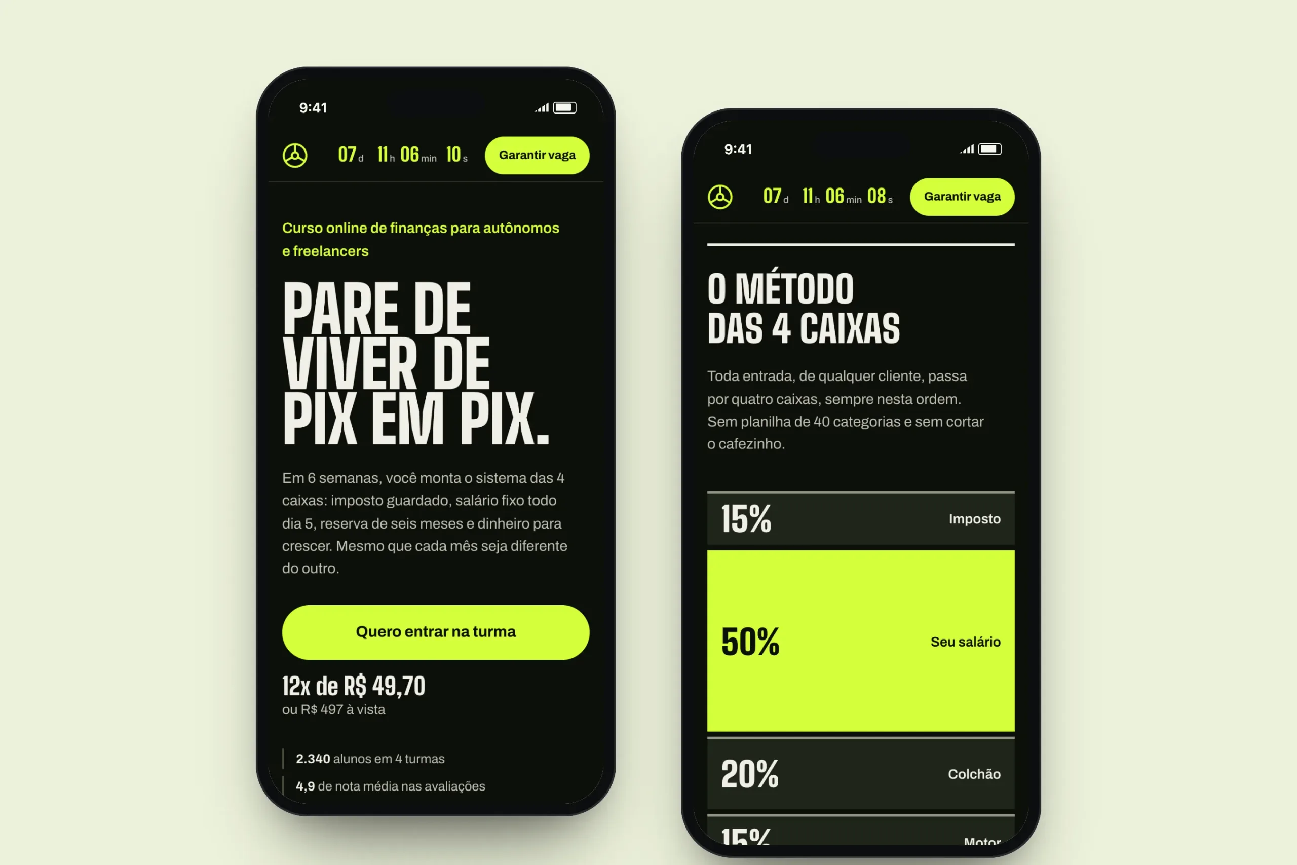 Two phone screens showing the Caixa Forte landing page