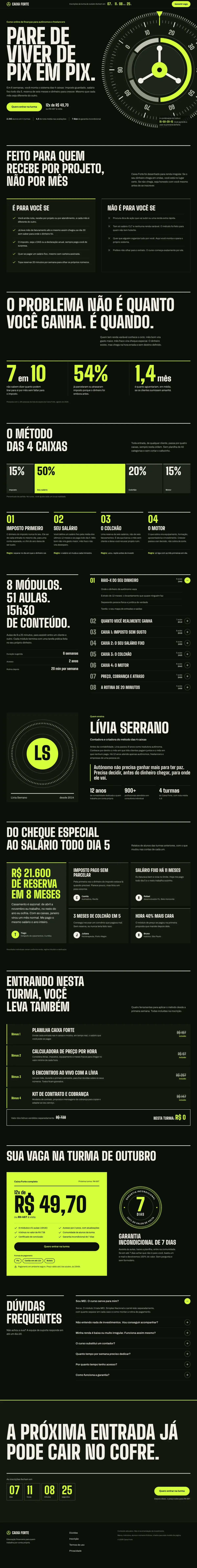 Caixa Forte hero with a condensed headline, chartreuse button and vault dial