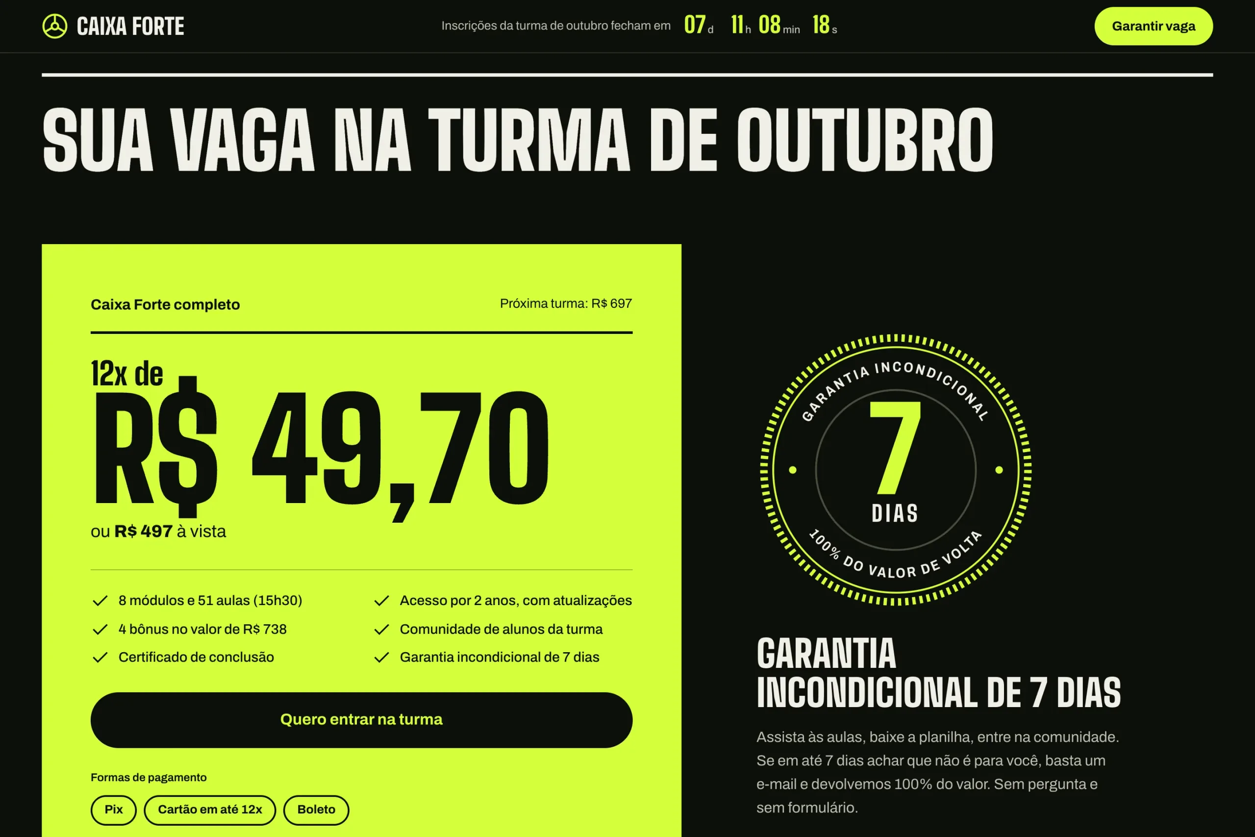 Chartreuse offer card with installments, inclusions and a guarantee seal