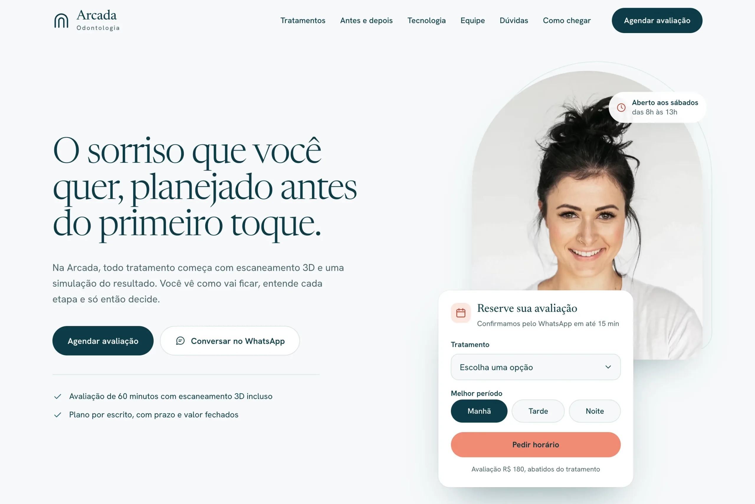 Arcada Odontologia hero with a serif headline, arch portrait and booking card