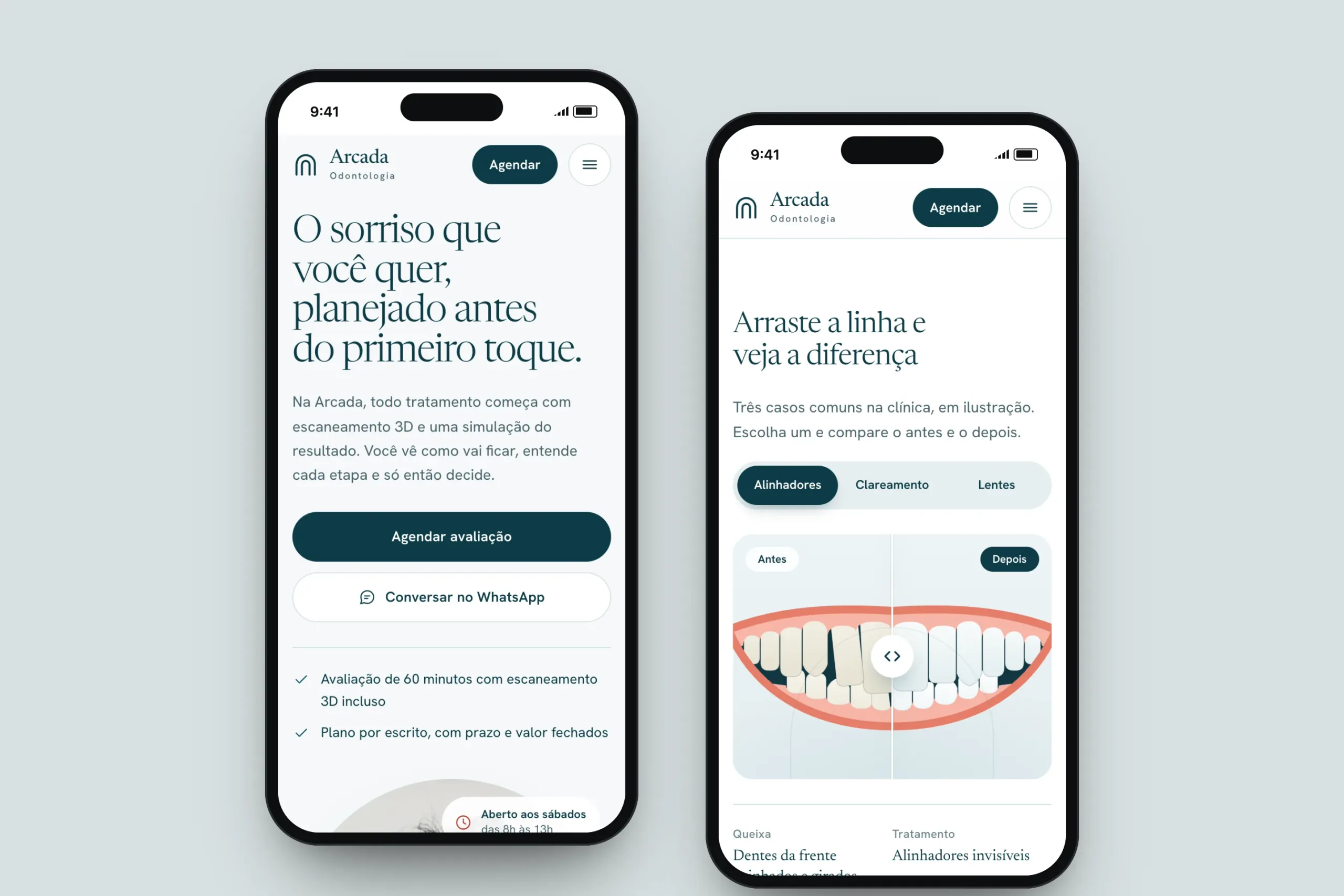 Two phone screens showing the Arcada Odontologia landing page