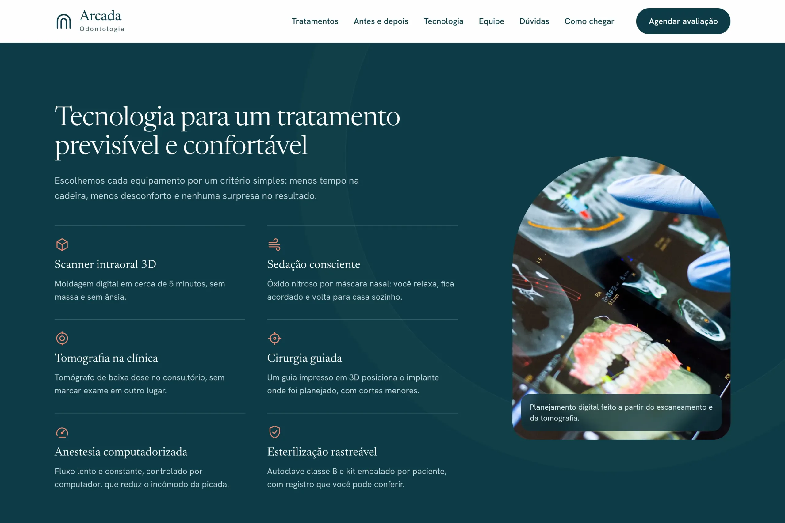 Technology section with six coral-icon features and a digital planning photo