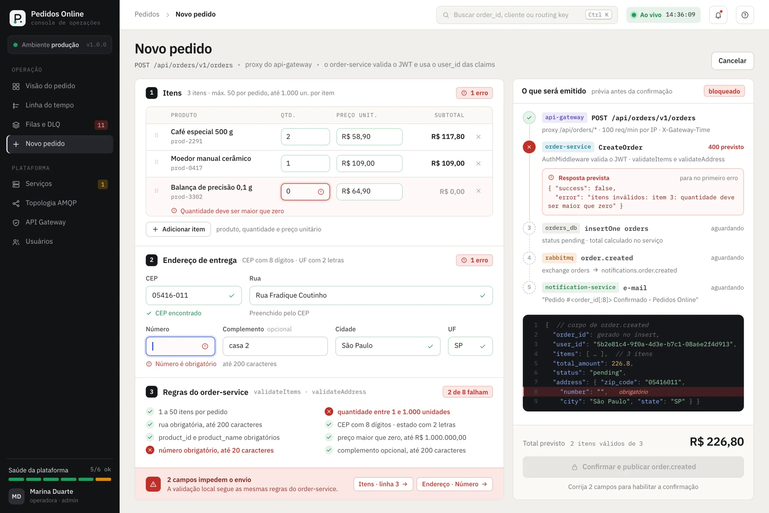 New order form with validation errors and a preview of events before confirming