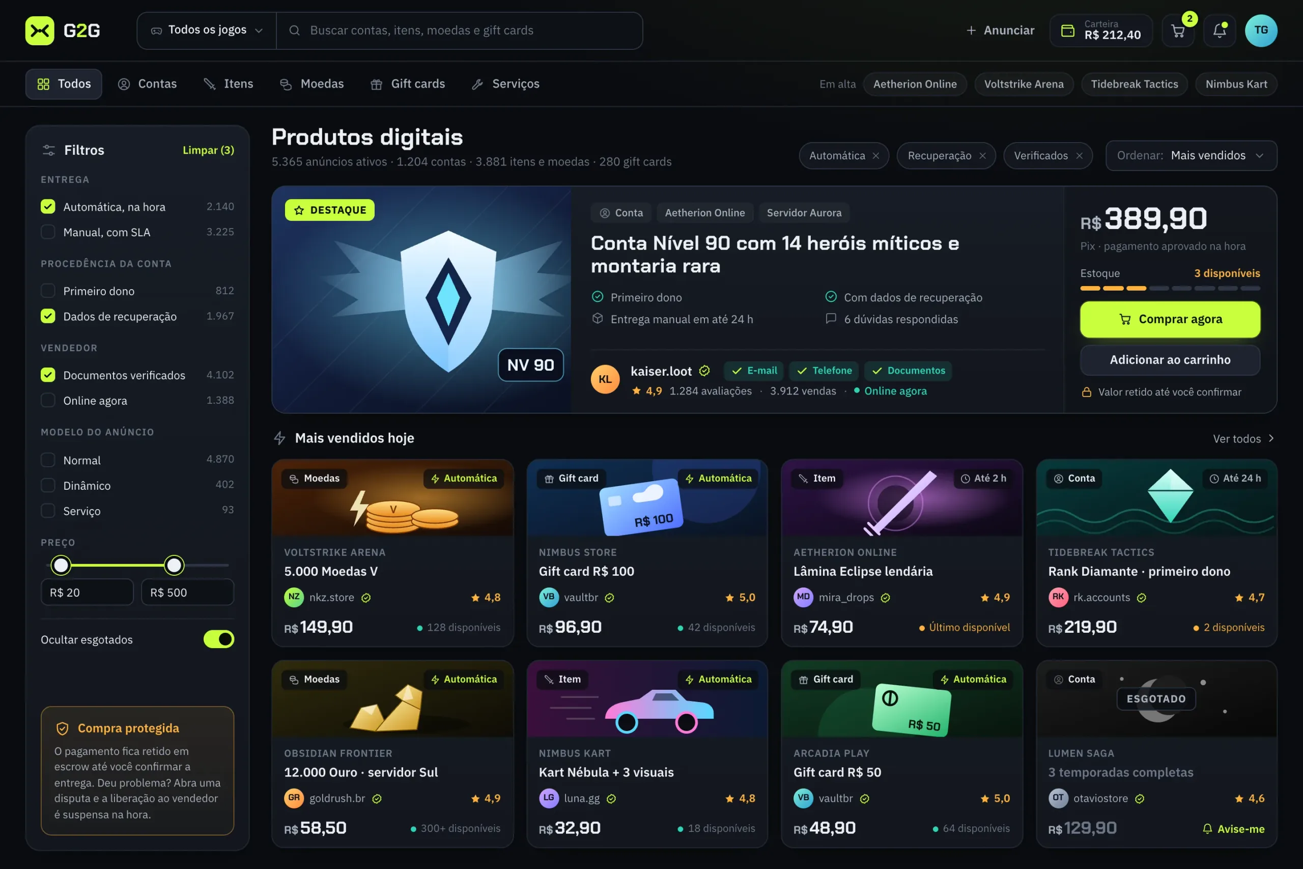 G2G storefront of accounts, items, currencies and gift cards with seller reputation