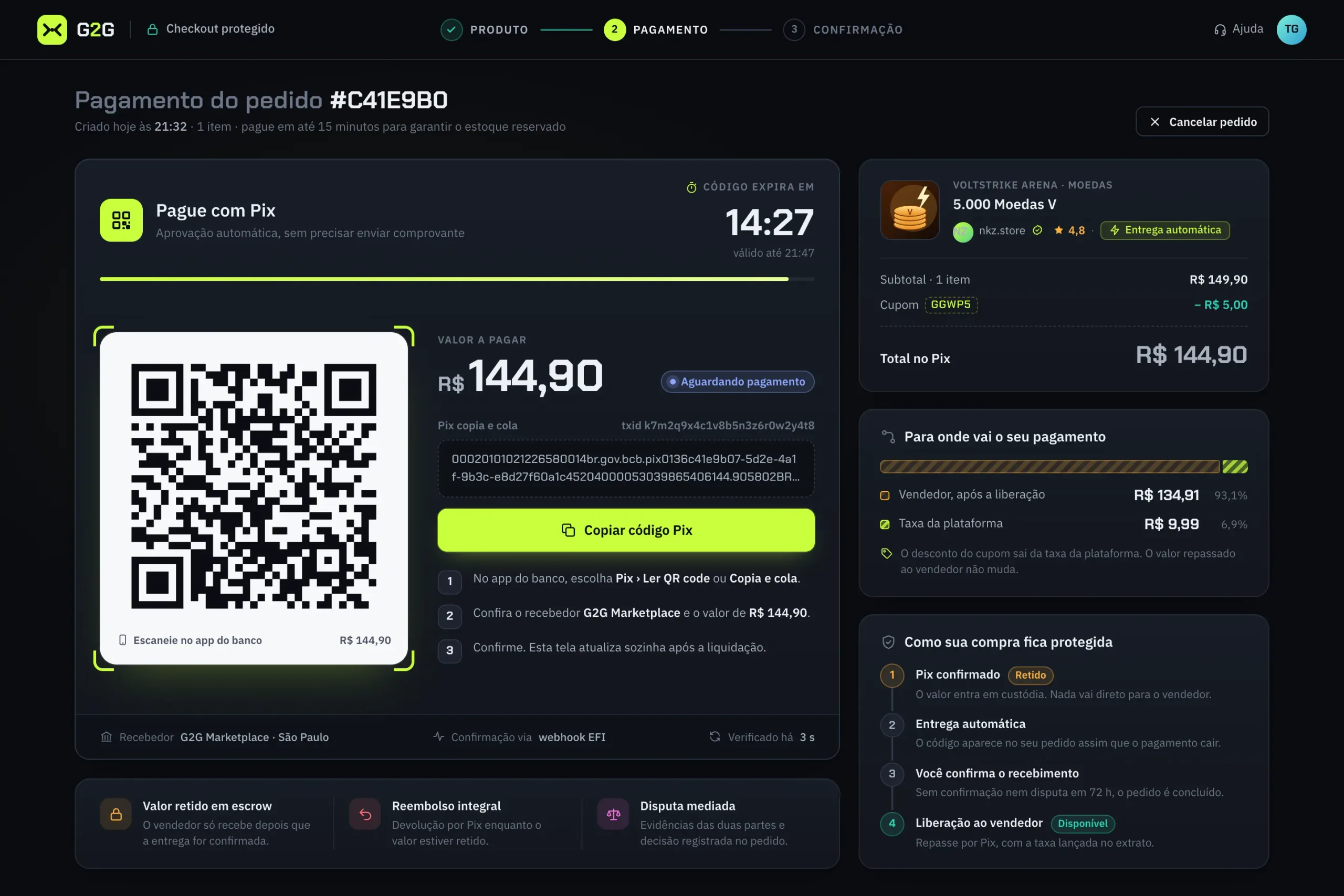 G2G Pix checkout with QR code, countdown, payment split and escrow steps