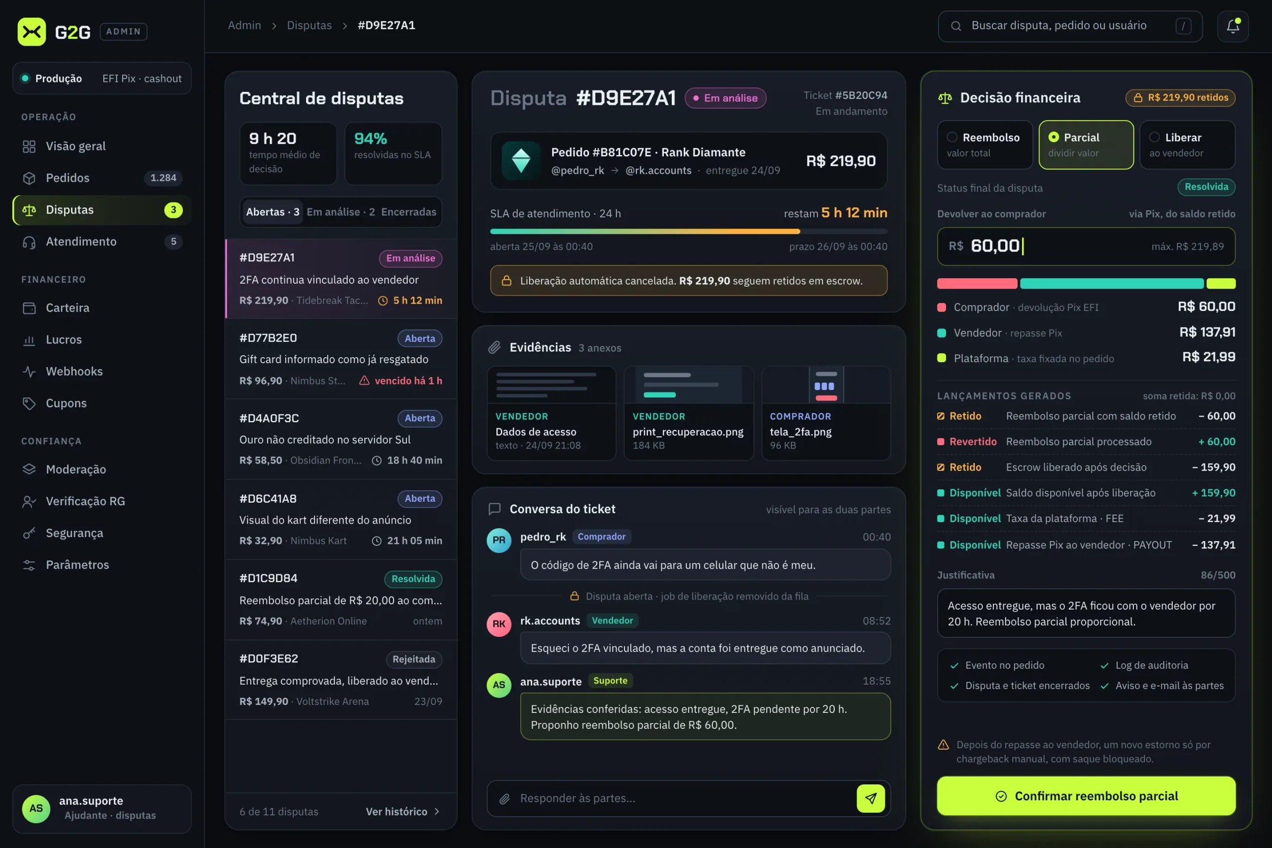 G2G dispute center with SLA, evidence, ticket chat and a partial refund decision