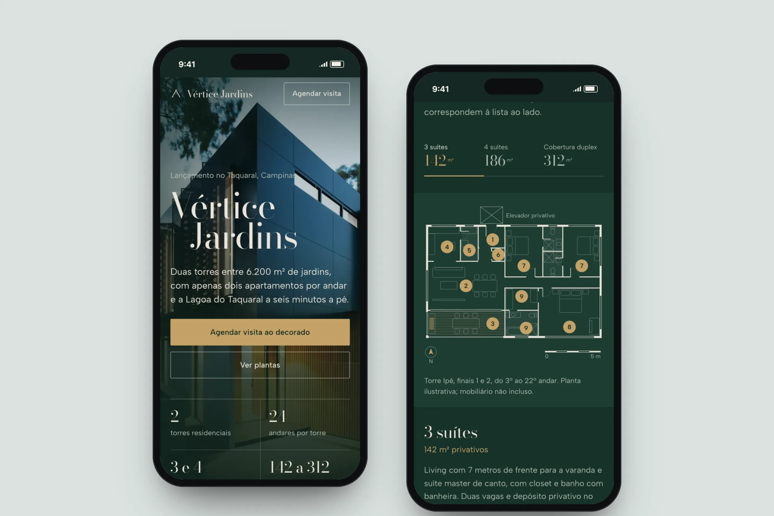 Two phone screens showing the Vértice Jardins landing page