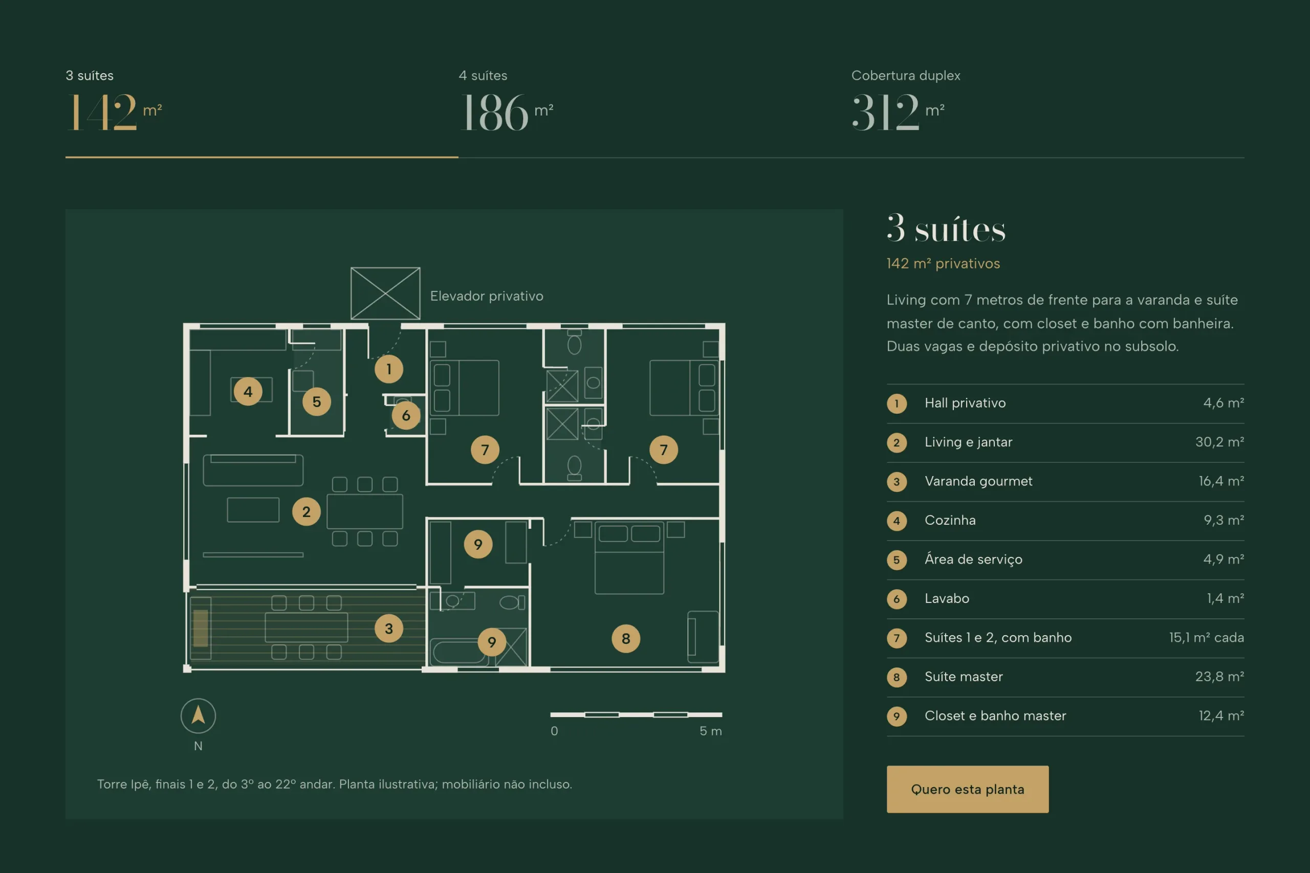 3-suite floor plan in light lines on green, with brass numbers and a room list