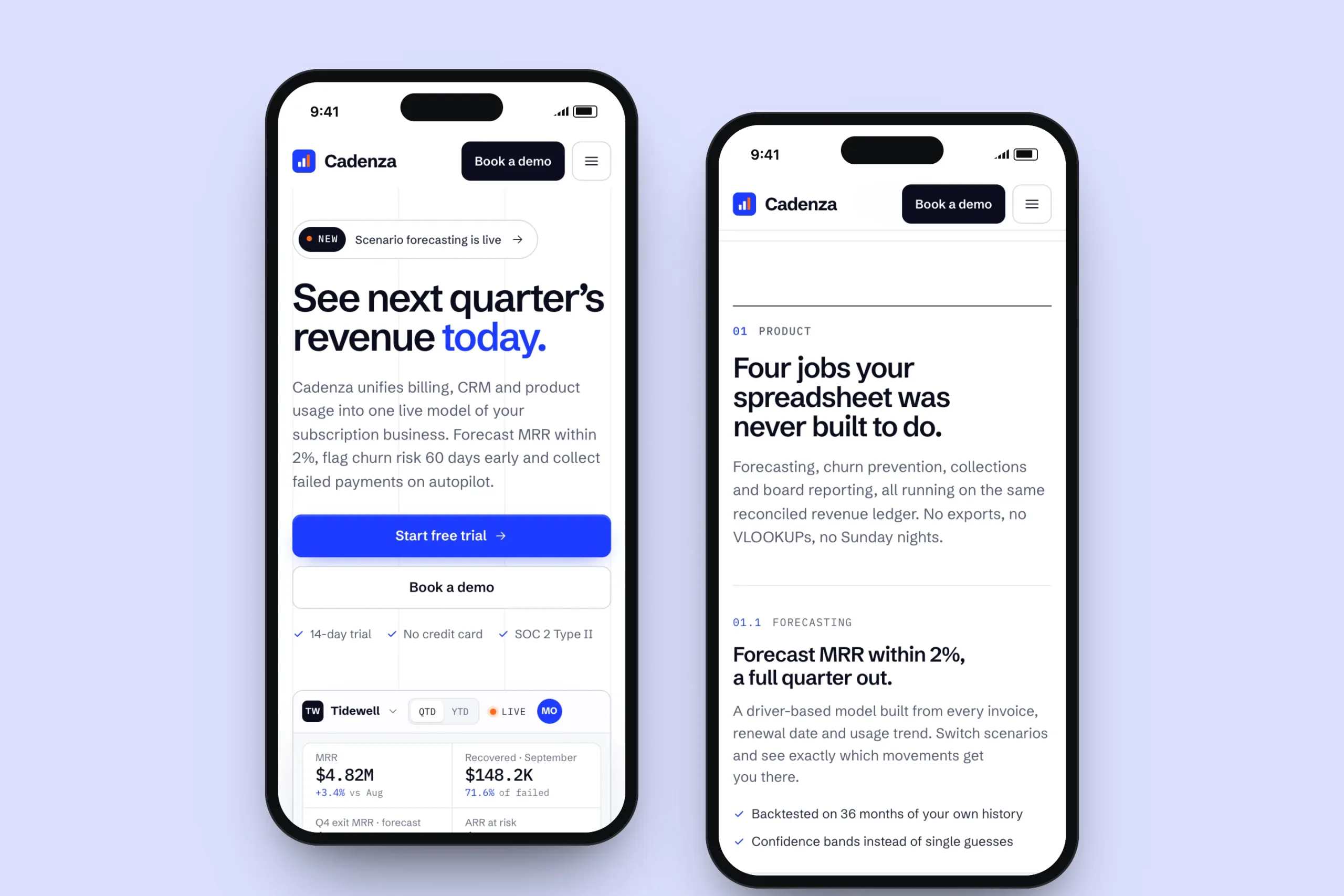 Two phone screens showing the Cadenza landing page