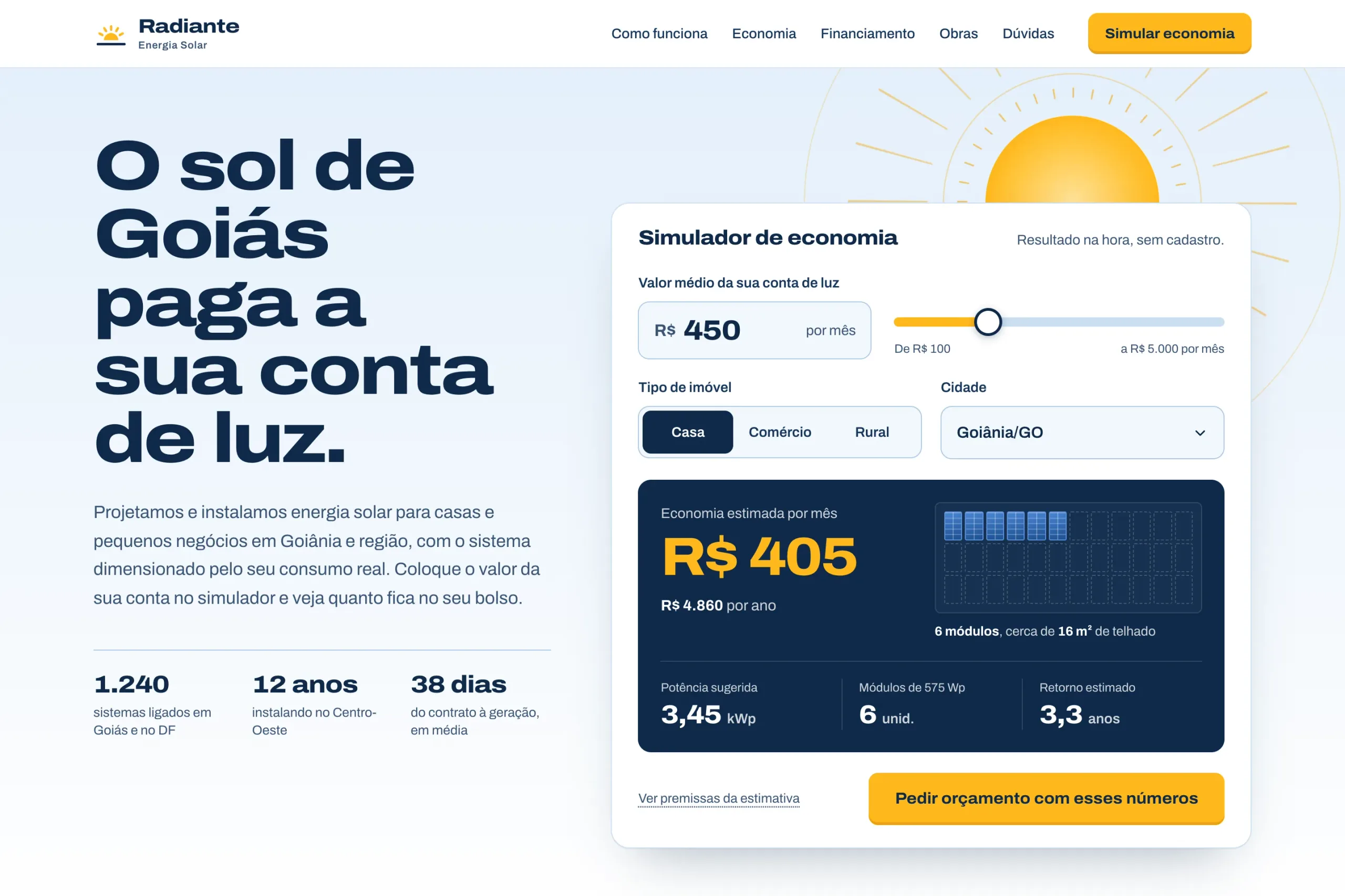 Navy headline beside the simulator with savings, kWp, modules and payback