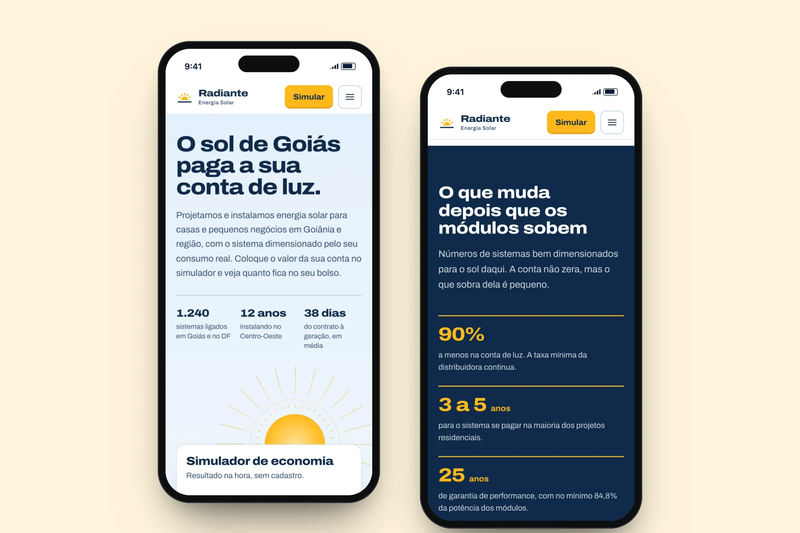 Two phone screens showing the Radiante Energia Solar landing page