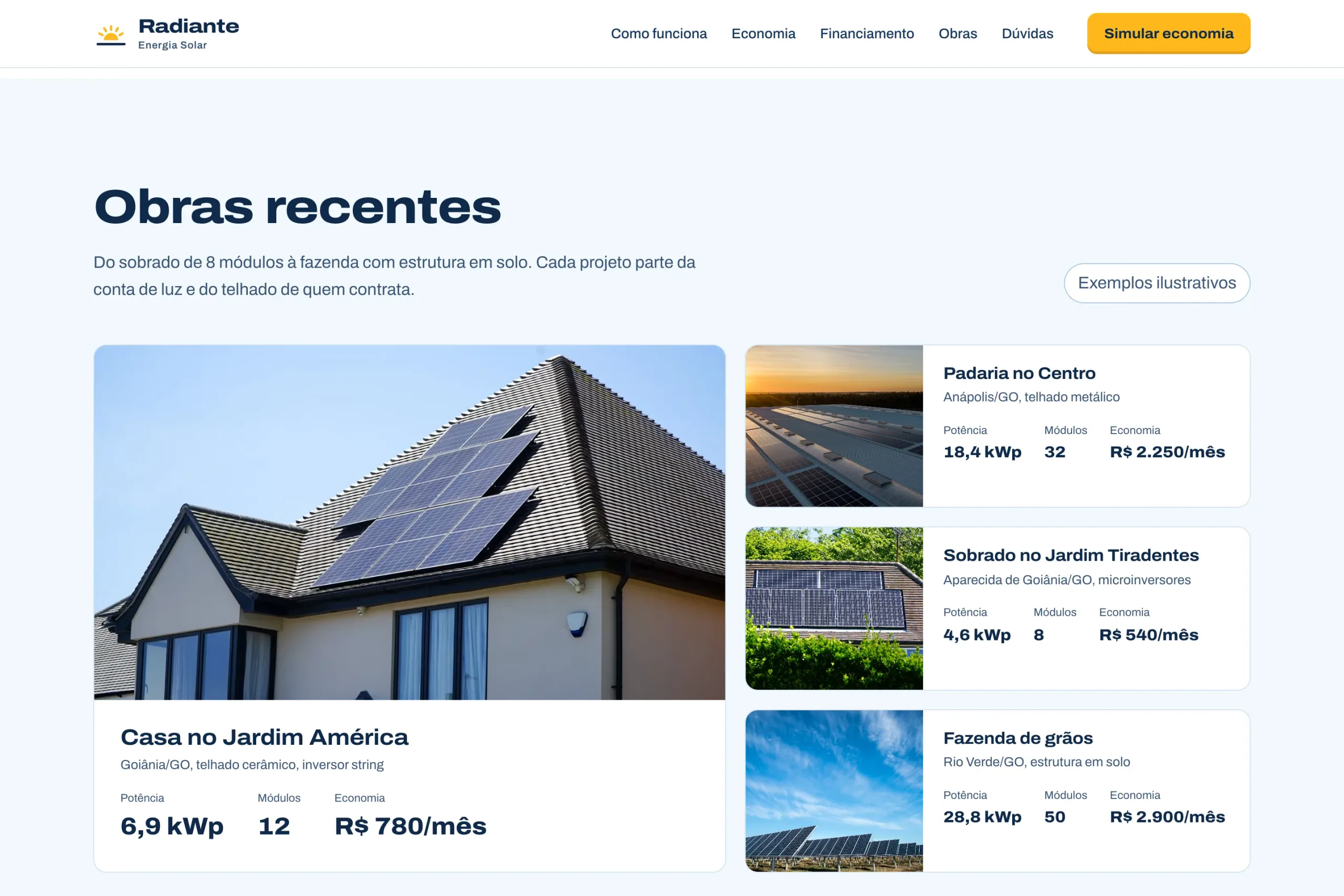 Installation grid with a featured house and projects showing kWp and savings