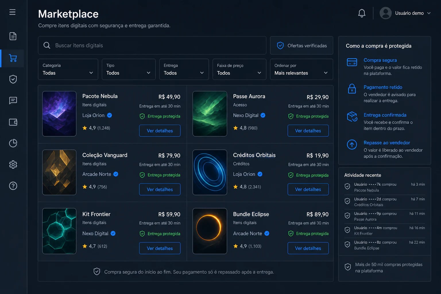 Vitrine de produtos digitais do G2G Marketplace