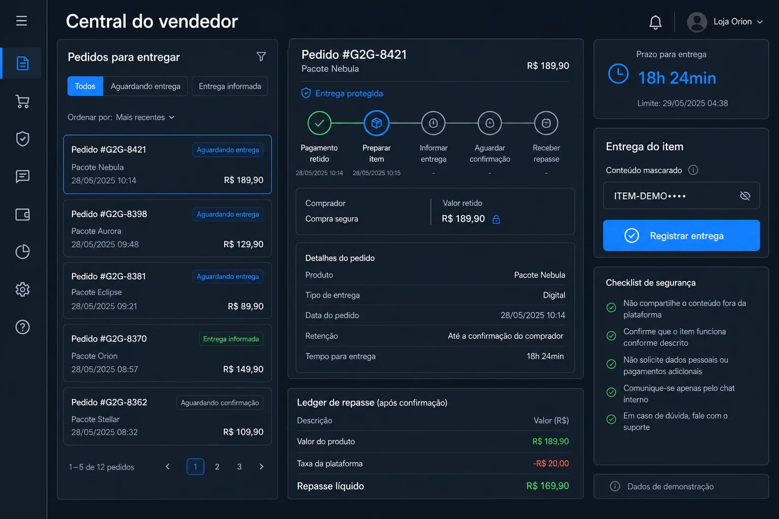 Operação de entrega do seller no G2G
